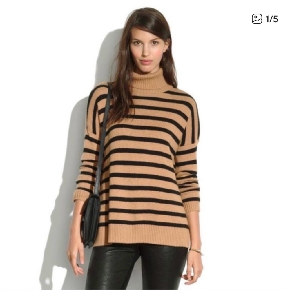 Madewell Camel Black Striped Turtleneck Sweater Womens Small Relaxed Fit